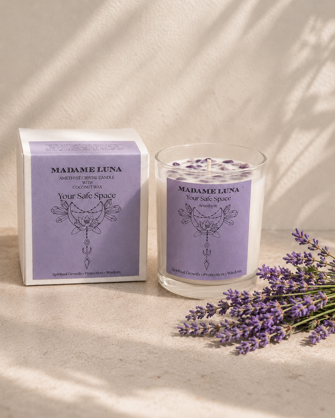 Mopti Living amethyst crystal candle with gift box packaging