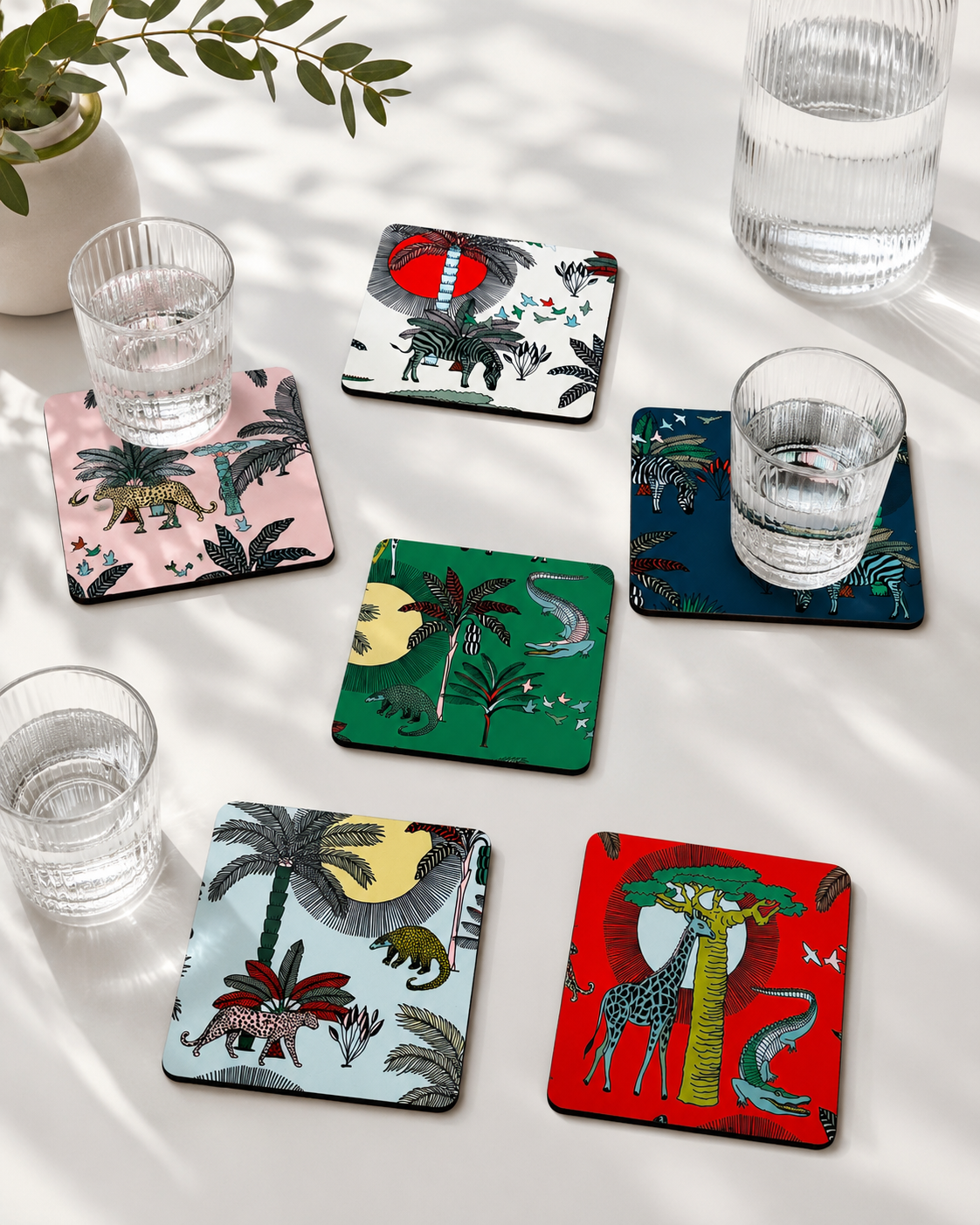 Illustrated coaster set – Animal Kingdom wildlife pattern, set of 6 with cork backing | Mopti Living