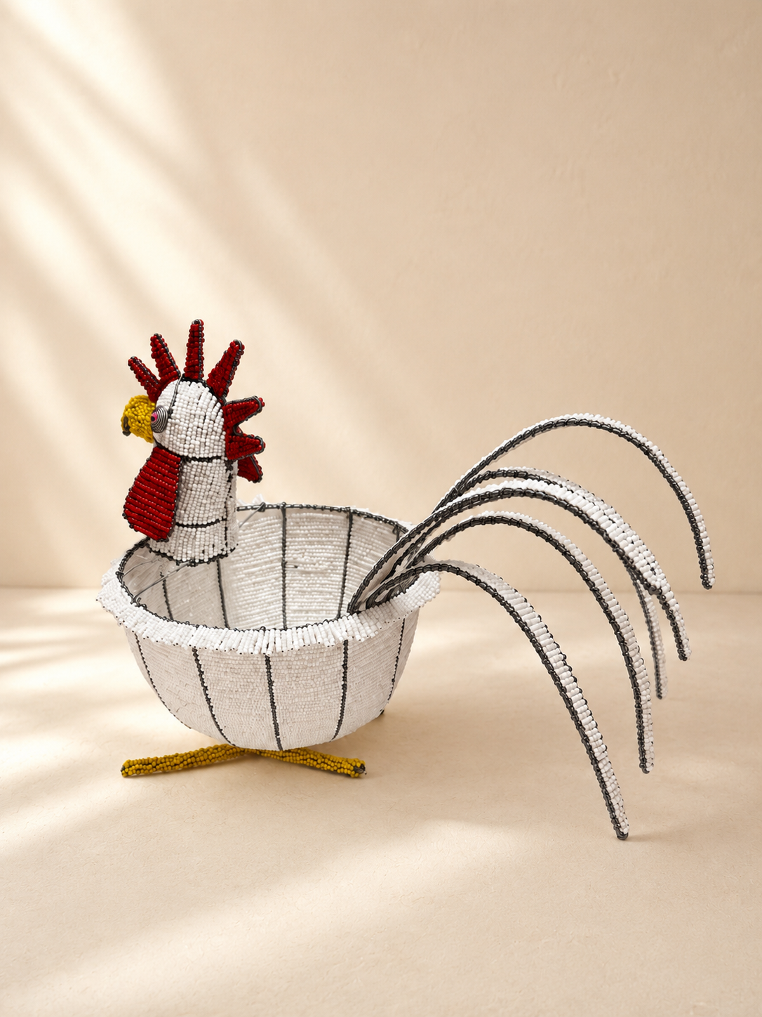 Hand-shaped wire rooster basket with beadwork and long beaded tail feathers — Mopti Living

