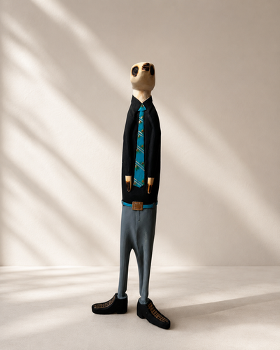 Hand-painted wooden meerkat figurine in black and grey suit — Mopti Living