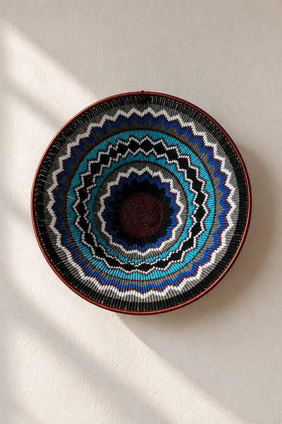 Hand-beaded bowl on copper wire frame with concentric zigzag bead pattern — Mopti Living