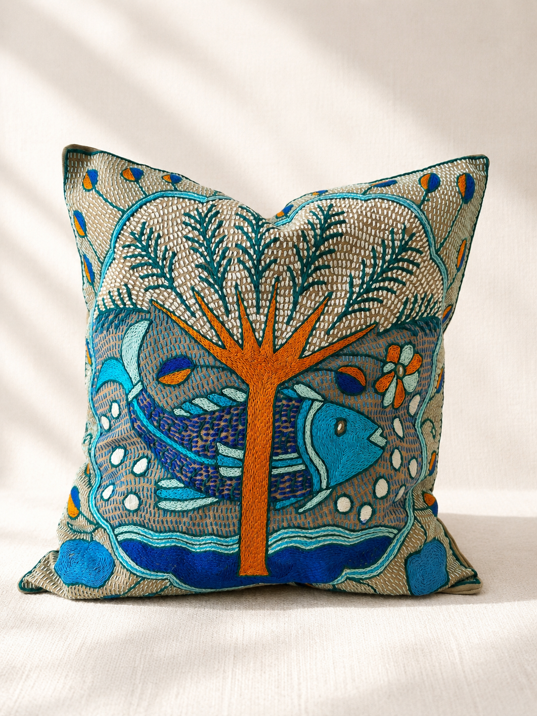 Hand-embroidered cushion cover with blue fish and tree design, acrylic yarn on cotton — Mopti Living