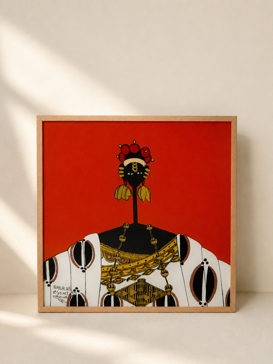 Sous verre reverse glass painting of a bride, vivid colour and crisp line — original by Babacar Ngom, Mopti Living