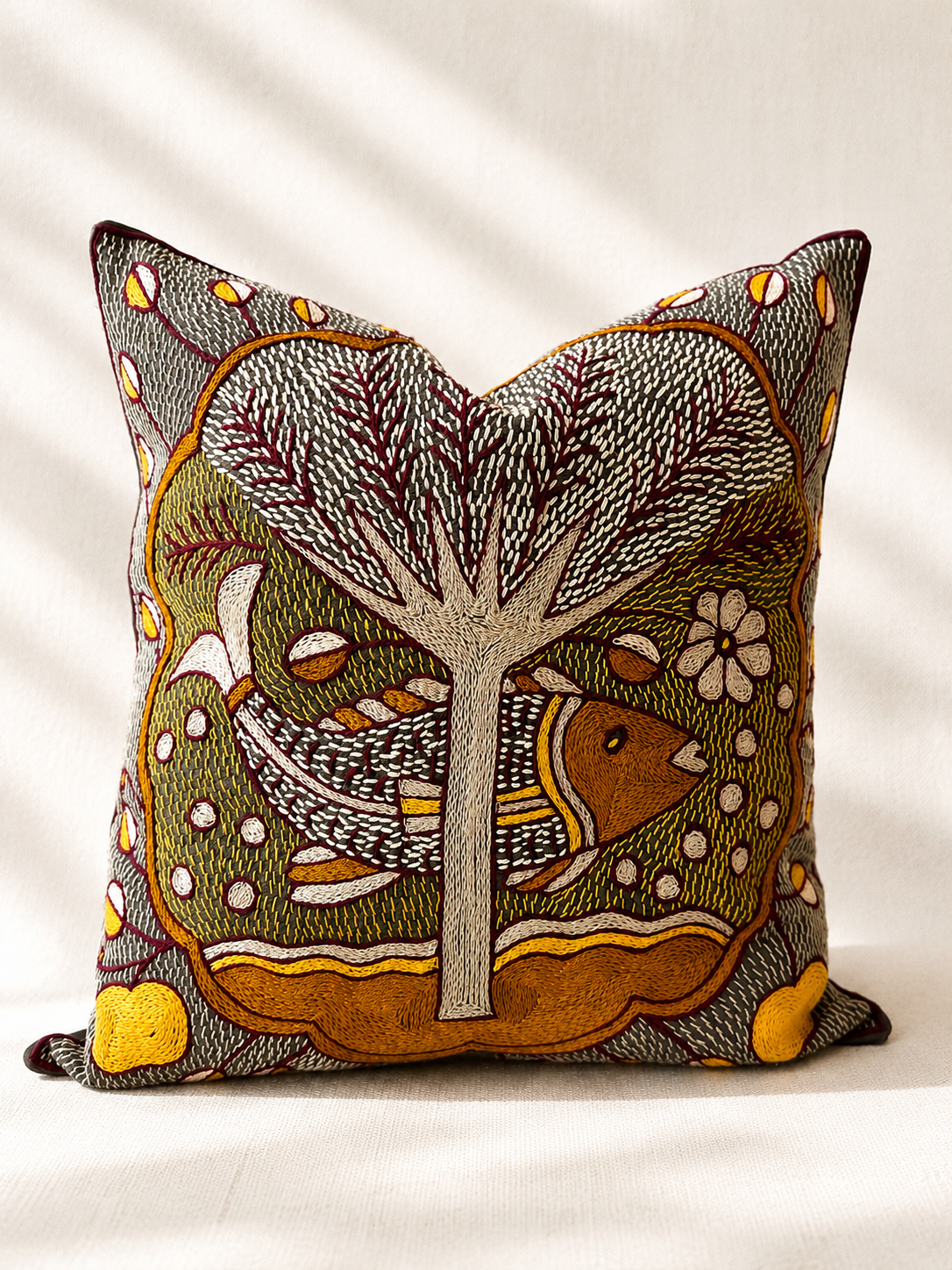 Hand-embroidered cushion cover with brown fish nature motif, acrylic yarn on cotton — Mopti Living
