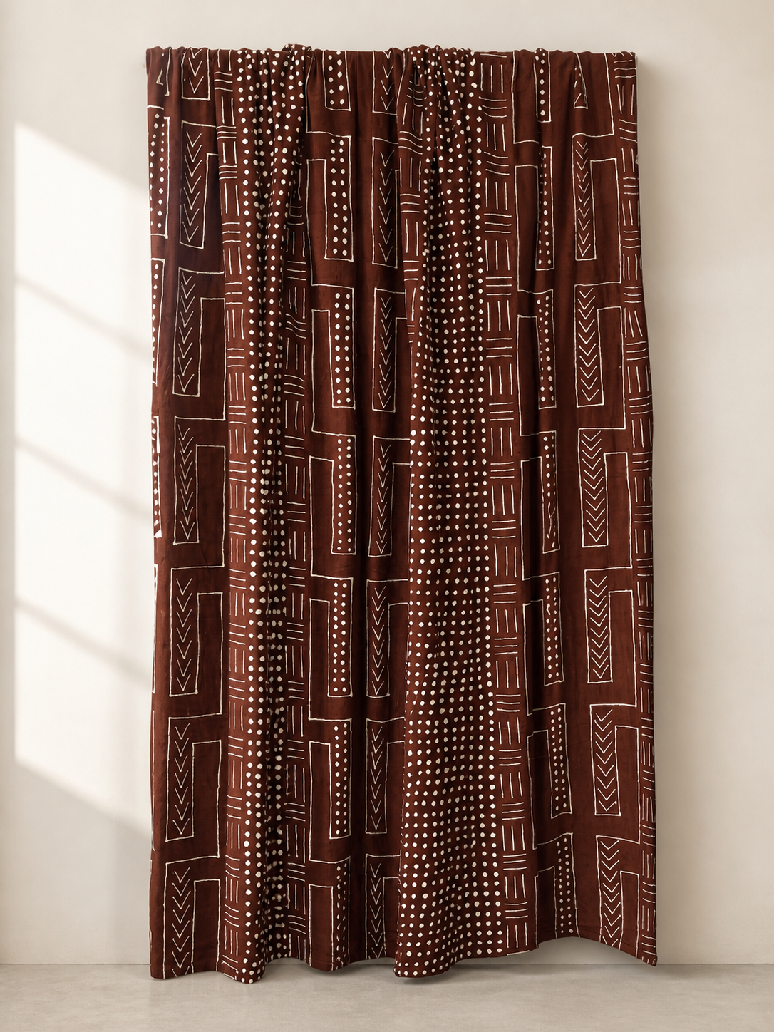 Authentic bogolanfini, brown polka design, handwoven at Le Ndomo, Ségou