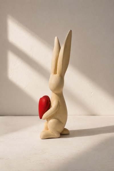 Hand-carved wooden bunny sculpture with tall ears and a red heart, natural wood finish — Mopti Living