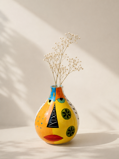 Hand-painted ceramic calabash vessel with bold painted panels and graphic markings — Mopti Living