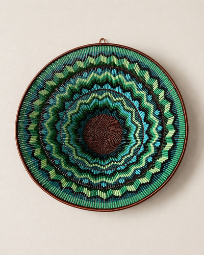 Hand-beaded bowl on copper wire frame with concentric zigzag bead pattern — Mopti Living