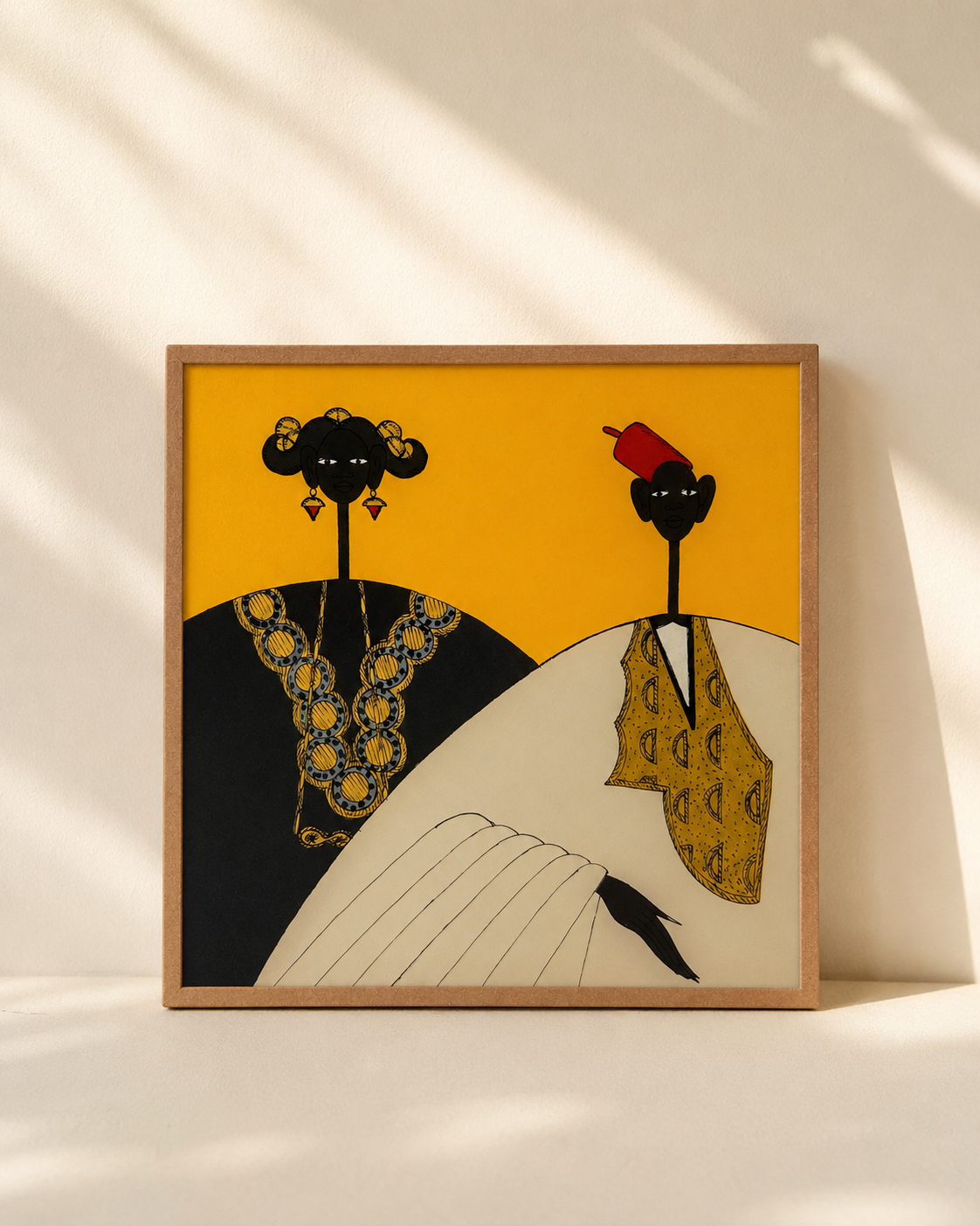 Sous verre reverse glass painting of wedding guests, expressive detail on glass — original by Babacar Ngom, Mopti Living