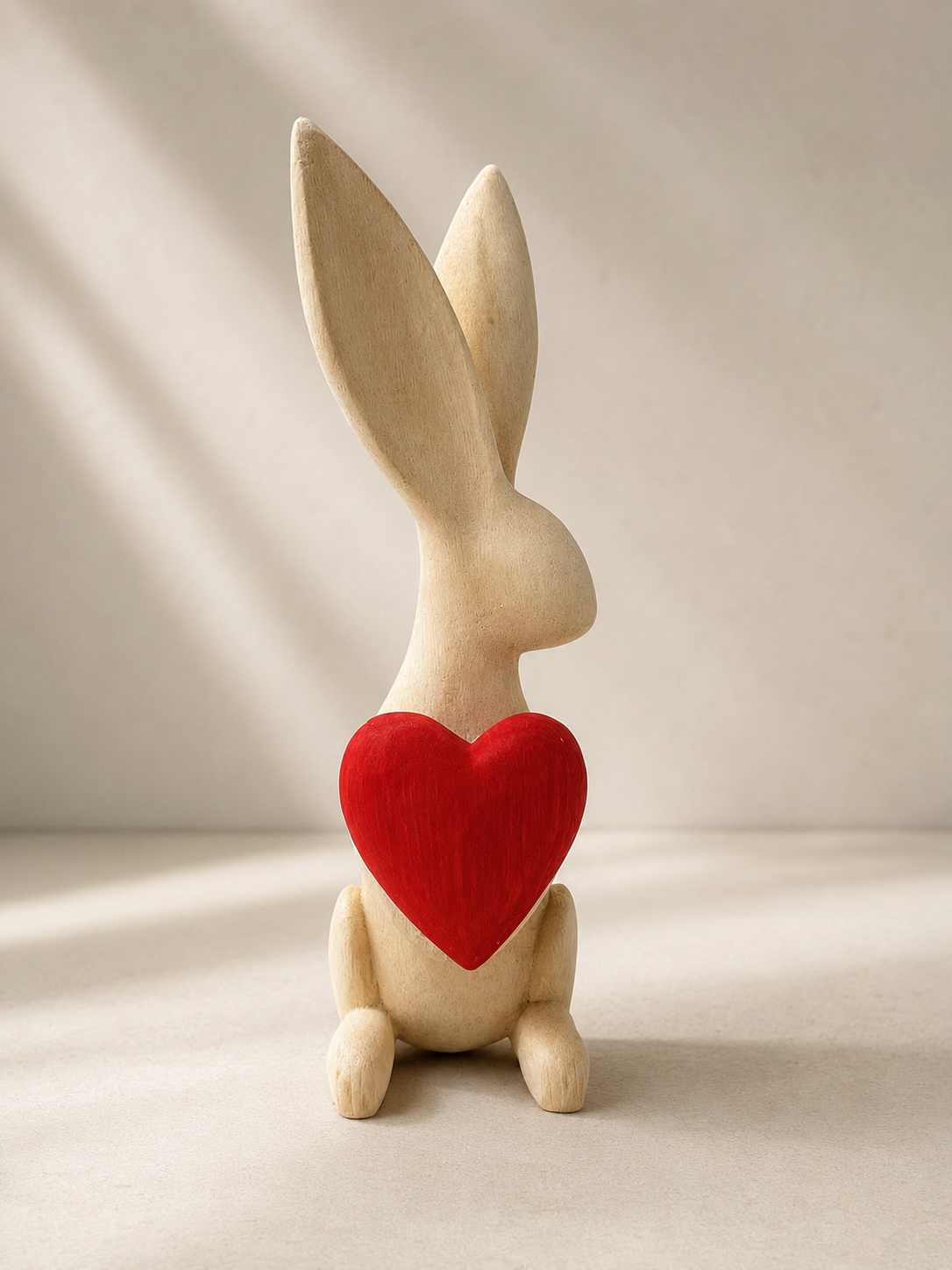 Hand-carved wooden bunny sculpture with tall ears and a red heart, natural wood finish — Mopti Living