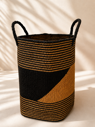 Handwoven storage basket in black and natural weave with handles, tall size — Kitui Storage Basket by Mopti Living