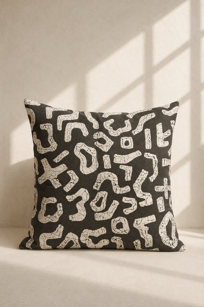 Batiki cushion cover with filled Kuba geometric pattern, wax-resist dyed cotton — Mopti Living