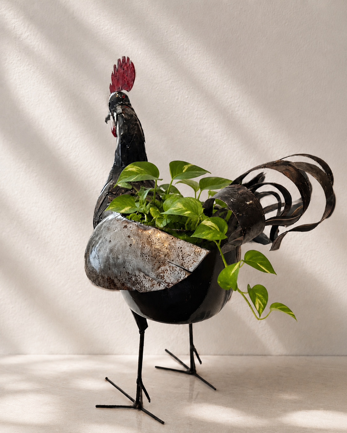 Handmade recycled metal rooster planter, large, with layered panels, red comb and curved tail feathers — Mopti Living