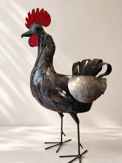 Handmade recycled metal rooster planter, large, with layered panels, red comb and curved tail feathers — Mopti Living