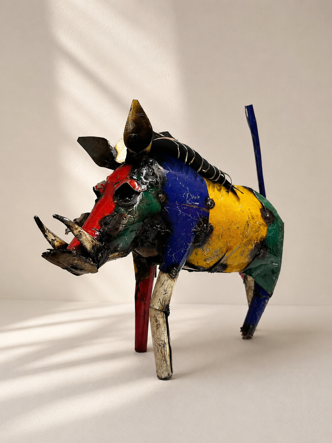 Handmade recycled metal warthog sculpture with colourful layered panels in red, blue, yellow and green — Mopti Living