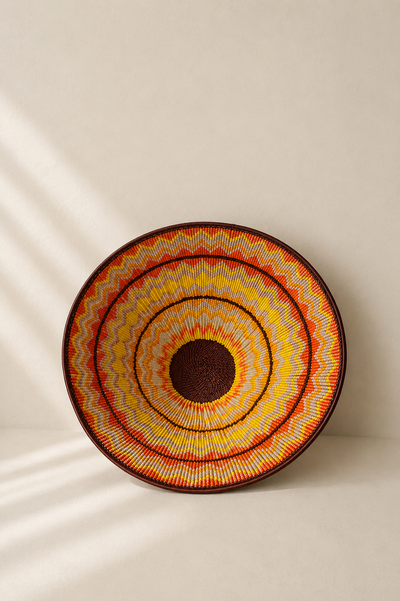 Hand-beaded bowl on copper wire frame with concentric zigzag bead pattern — Mopti Living