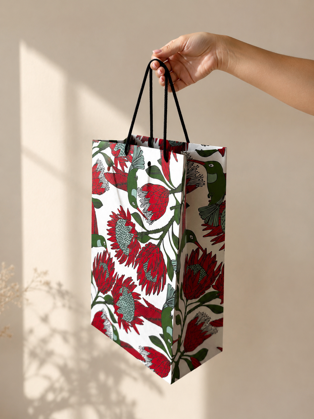 Designer gift bag – Protea on white illustrated pattern with rope handles by Mopti Living