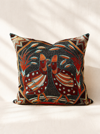 Hand-embroidered cushion cover with red guinea fowl tribal design, acrylic yarn on cotton — Mopti Living