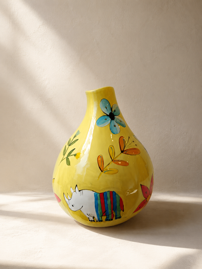 Hand-painted ceramic calabash vessel with bold painted panels and graphic markings — Mopti Living