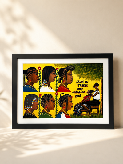 Hand-painted wood panel depicting a Senegalese hair salon interior with figures and decorative detail — Dakar Street Painting by Mopti Living
