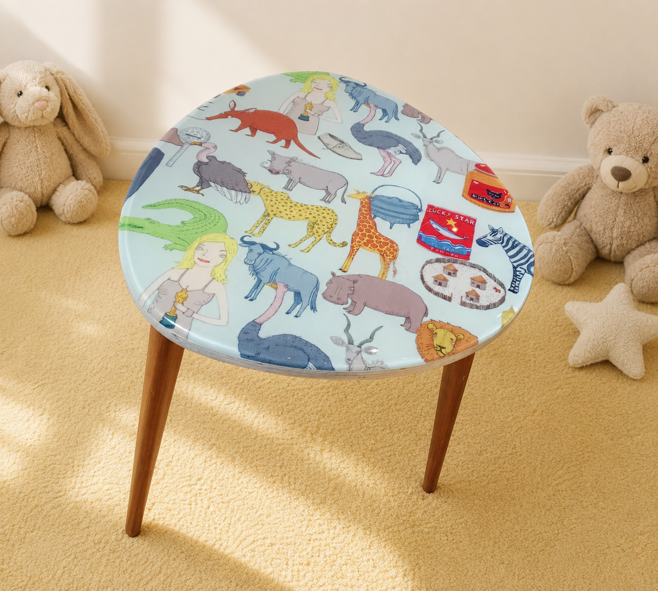 Handmade large resin side table with Playitme ankara fabric top and wooden legs — Mopti Living
