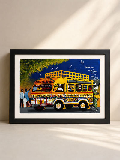 Hand-painted wood panel of a Dakar car rapide bus with figures and street detail — Dakar Street Painting by Mopti Living