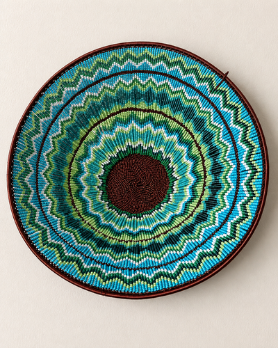 Hand-beaded bowl on copper wire frame with concentric zigzag bead pattern — Mopti Living