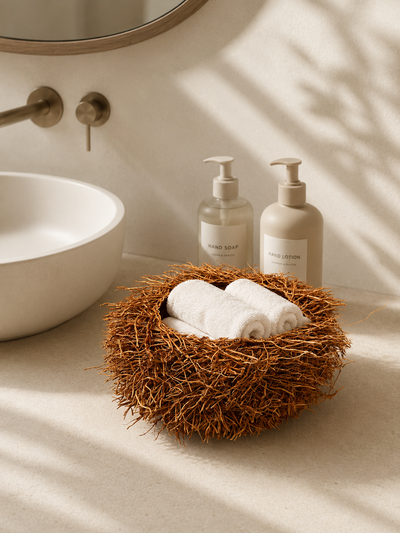 Handwoven vetiver root basket bowl, small, with natural loose root edge — Vetiver Nest Basket by Mopti Living