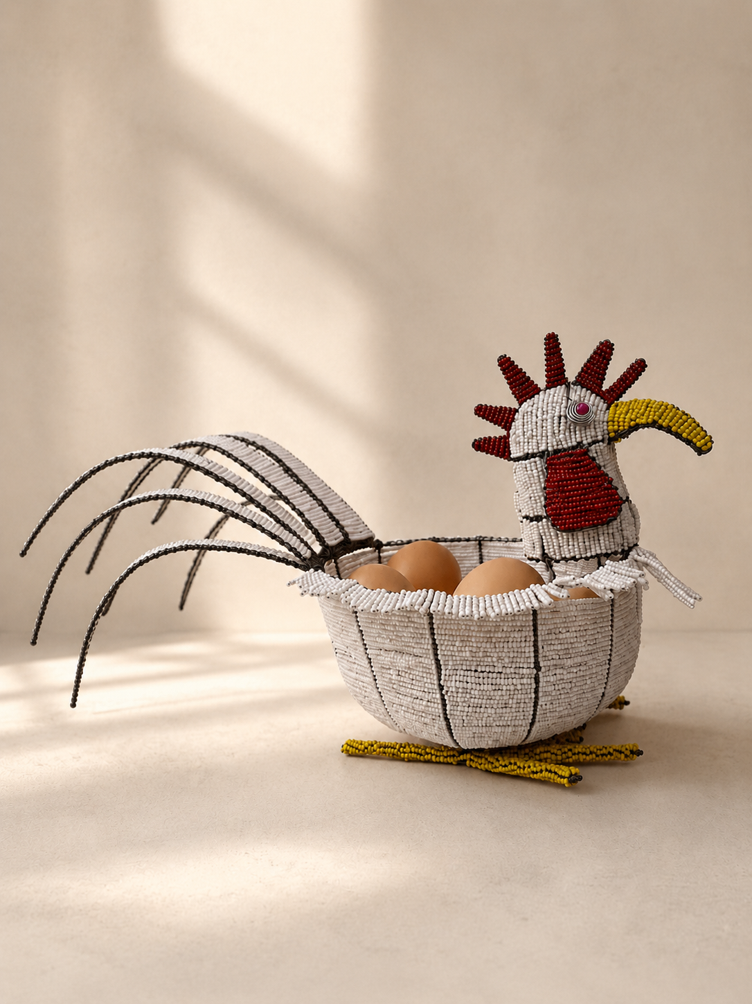 Hand-shaped wire rooster basket with beadwork and long beaded tail feathers — Mopti Living

